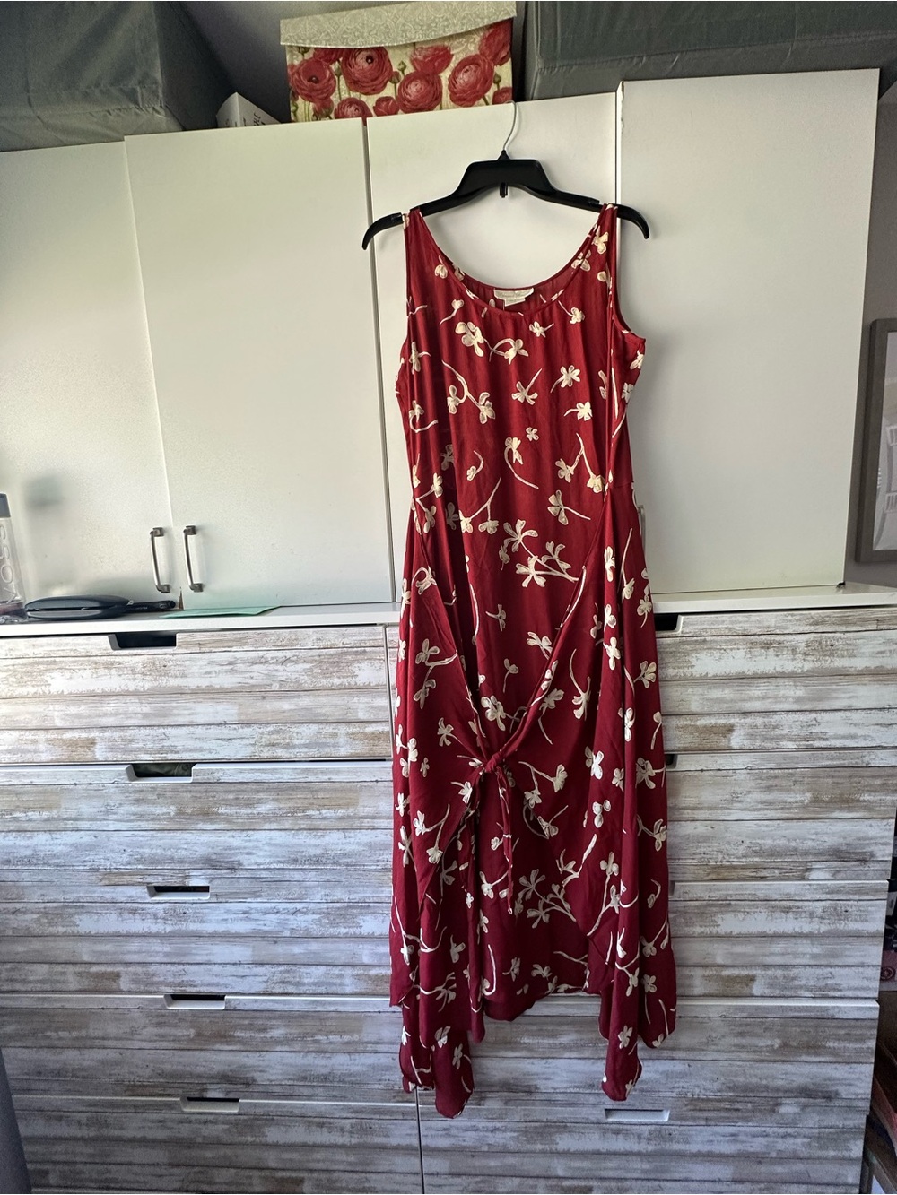 🌺❤️ Divine Sarah Burgundy Floral Handkerchief Hem Dress Medium Boho Rayon